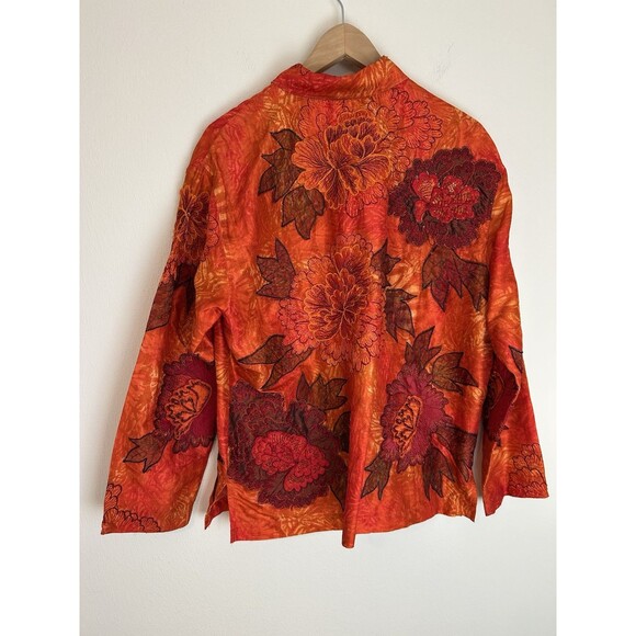 Chicos XL 100% Silk Floral Jacket Oriental Embroidered Red Asian Boho Hippie - Picture 3 of 4